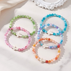 (52) Непрозрачная лаванда Эластичные браслеты для женщин из натурального окрашенного персидского нефрита и синтетической бирюзы., крест и круглый, разноцветные, бусины : 6 мм, внутренний диаметр: 2.46 дюйм (6.25 см)