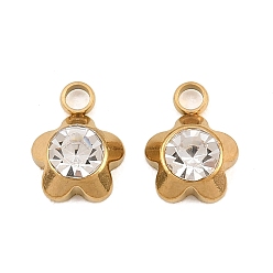 Cristal 201 Colgantes del rhinestone del acero inoxidable, encantos de la flor, revestimiento de iones (ip), real 18 k chapado en oro, cristal, 10x7.5x4 mm, agujero: 2 mm