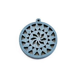 Steel Blue Wood Pendants, for Earring Jewelry Making, Flat Round with Flower, Steel Blue, 28mm