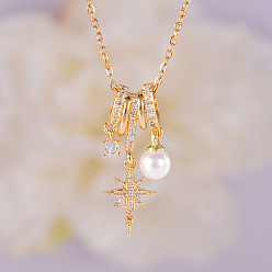 Золотой Ожерелья с подвесками из латунных прозрачных кубических цирконий с микропаве и искусственным жемчугом для женщин, белые, золотые, 17.72 дюйм (45 см)