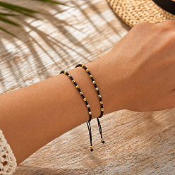 Black Round Brass Braided Bead Bracelet Sets for Women Men, Adjustable Stackable Bracelets, Golden, Black, 11.02 inch(28cm), 2pcs/set