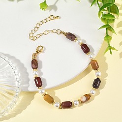 Oro Pulseras de perlas redondas blancas y cuentas de mookaite natural en forma de columna., dorado, 7.48 pulgada (19 cm)