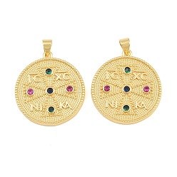 Colorful Brass Micro Pave Cubic Zirconia Pendants, Flat Round with Rune Symbol Charms, Cadmium Free & Lead Free, Rack Plating, Long-Lasting Plated, Real 18K Gold Plated, Colorful, 27.5x25x3mm, Hole: 3x5mm