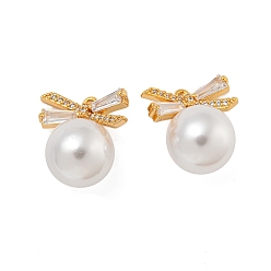 Настоящее золото 18K Латунные микро проложить кубического циркония подвески, с пластмассовой жемчужиной abs, бантом, реальный 18 k позолоченный, 17.5x16x12 мм, отверстие : 1 мм