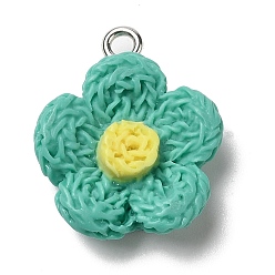 Turquoise Opaque Resin Pendants, Flower Charms with Platinum Plated Iron Loops, Turquoise, 20x18x6mm, Hole: 2mm