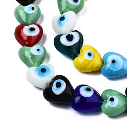 Colorful Handmade Evil Eye Lampwork Beads Strands, Heart, Colorful, 12~12.5x12~13x7.5mm, Hole: 1.2mm, about 33pcs/strand, 14.76 inch(37.5cm)
