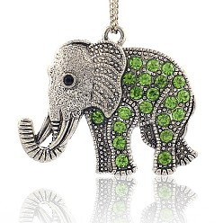 Peridot Tibetan Style Alloy Rhinestone Pendants, Elephant, Antique Silver, Peridot, 43x51x5.5mm, Hole: 3.5mm