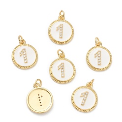 Number Латунные микропаве прозрачные кубические циркониевые подвески, долговечный, с прыжковыми кольцами и белой эмалью, плоские круглые с номером, реальный 18 k позолоченный, кол. 1, 14.5x12x2 мм, отверстие : 1.5 мм
