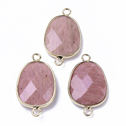 Rhodochrosite Natural Rhodochrosite Links Connectors, with Light Gold Plated Edge Brass Loops, Oval, Faceted, 30.5~31.5x17.5x5~6mm, Hole: 2mm