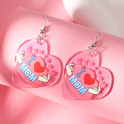 Pink Акриловые серьги-подвески ко Дню матери, Сердце со словом, платина, розовые, 60x37 мм