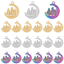 Mixed Color 24Pcs 3 Colors 304 Stainless Steel Pendants, Moon with Tree, Mixed Color, 23.5x20x2mm, Hole: 2mm, 8pcs/color
