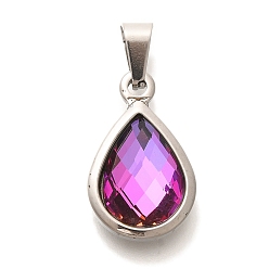 Фиолетовый Стеклянные подвески, цвета нержавеющей стали 304 выводы из нержавеющей стали, слеза, фиолетовые, 21.5x13x5.5 мм, отверстие : 3.5x6 мм