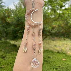 Солнечный Камень Обернутые проволокой кусочки натурального солнечного камня и металлические подвесные украшения в форме луны, стеклянная круглая кисточка для украшения оконного сада, 270x50 мм