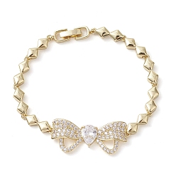 Real 18K Gold Plated Brass Bowknot Link Bracelets, with Clear Cubic Zirconia, Long-Lasting Plated, Lead Free & Cadmium Free, Real 18K Gold Plated, 7-1/4 inch(18.5cm)