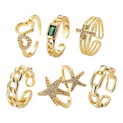 Real 18K Gold Plated 6Pcs 6 Styles Adjustable Brass Micro Pave Clear Cubic Zirconia Cuff Rings, Open Rings, Long-Lasting Plated, Curb Chain & Cable Chain & Heart & Cross & Starfish, Real 18K Gold Plated, Inner Diameter: 16~17mm, 1pc/style
