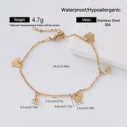 Butterfly 304 Stainless Steel Charm Anklets for Women, Golden, Butterfly, 9-1/2 inch(240mm)