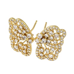 Real 18K Gold Plated Rack Plating Brass Micro Pave Cubic Zirconia Studs Earrings, Long-Lasting Plated, Lead Free & Cadmium Free, Butterfly, Real 18K Gold Plated, 22.5x15mm