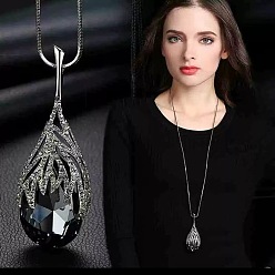 Teardrop Длинные ожерелья из сплава хрустальных страз и черного стекла с подвеской, для женщин, серебряные, слеза, 35.04 дюйм (89 см)
