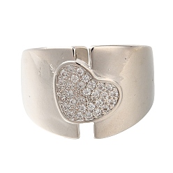 Платина Открытые манжеты из латуни с микропаве и прозрачным цирконием для женщин, без кадмия и без свинца, сердце, платина, 14 мм, внутренний диаметр: регулируемый