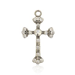 Кристалл Тибетском стиле сплав горный хрусталь подвески, латинский крест Fleuree, античное серебро, кристалл, 49.5x30x5 мм, отверстие : 4 мм