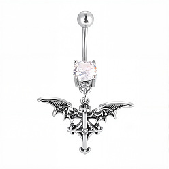 Bat 316l Изогнутые кольца для живота в форме штанги из хирургической нержавеющей стали с прозрачным кубическим цирконием, цвет нержавеющей стали, летучая мышь, длина стержня: 3/8"(10мм), штифты : 1.6 мм