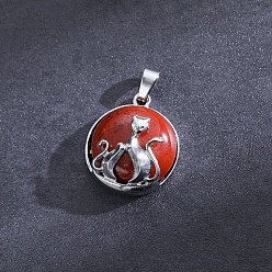 Red Jasper Flat Round with Cat Natural Red Jasper  Pendants, with Platinum Alloy Finding, 32x22mm