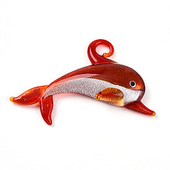 Красный Большие подвески, лэмпворк, ручная работа , прелести дельфинов, красные, 45~47x64~67x9~10 мм, отверстие : 6~7x5~6 мм