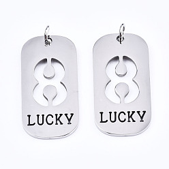 Number Non-Tarnish 201 Stainless Steel Pendants, Laser Cut, with Jump Rings, Rectangle with Number and Word LUCKY, Stainless Steel Color, Num.8, 35x17x1.5mm, Jump Ring: 6x1mm, Inner Diameter: 4mm