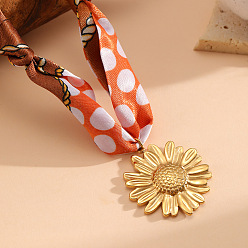 Flower 304 Stainless Steel Pendant Scarf Necklaces for Women, Golden, Flower, 34.65 inch(88cm), Pendant: 32mm