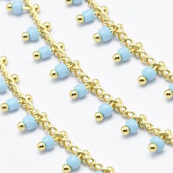 Light Sky Blue Handmade Glass Beaded Chains, Soldered, with Spool, Brass Chain, Golden, Long-Lasting Plated, Light Sky Blue, 6x2mm, Chain: about 2mm wide, about 32.8 Feet(10m)/roll