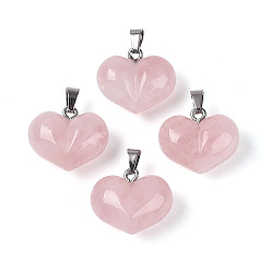 Розовый Кварц Массивные подвески в форме сердца из натурального розового кварца, с 304 защелкой из нержавеющей стали на поручнях, цвет нержавеющей стали, 17~18x20~20.5x11~12 мм, отверстие : 5.5~6x2.5~3.5 мм