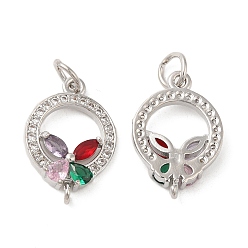 Platinum Rack Plating Brass Pave Cubic Zirconia Pendants, Ring Charms with Flower, Long-Lasting Plated, Lead Free & Cadmium Free, Platinum, 20.5x14x3.5mm, Hole: 4mm