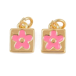 Ярко-Розовый Латунь эмаль прелести, с целью перехода в кольце, квадрат с цветочным шармом, реальный 18 k позолоченный, ярко-розовый, 9x7x1.5 мм, отверстие : 2.2 мм