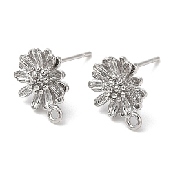 Real Platinum Plated Brass Stud Earring Findings, with Horizontal Loop, Flower, Real Platinum Plated, 12x10mm, Hole: 1.2mm, Pin: 0.7mm