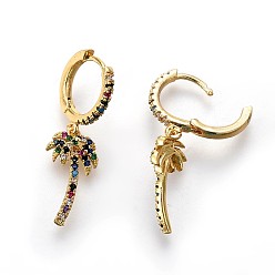 Golden Brass Dangle Hoop Earrings, with Micro Pave Cubic Zirconia, Coconut Tree, Colorful, Golden, 32.5mm, Pin: 0.8mm
