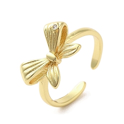 Real 18K Gold Plated Rack Plating Brass Micro Pave Cubic Zirconia Finger Ring, Cuff Ring, Long-Lasting Plated, Cadmium Free & Lead Free, Bowknot, Real 18K Gold Plated, Inner Diameter: 18mm