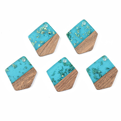 Dark Turquoise Transparent Resin & Walnut Wood Pendants, with Foil, Polygon, Dark Turquoise, 21x18.5x3mm, Hole: 2mm