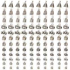 Antique Silver 120Pcs 12 Style Tibetan Style Tube Bails, Loop Bails, Bail Beads, Cadmium Free & Nickel Free & Lead Free, Mixed Shape, Antique Silver, 7.5~15.5x5.5~10x4.5~8.5mm, Hole: 1.5~5mm, 10pcs/style
