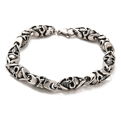 Antique Silver 304 Stainless Steel Skull Link Chain Bracelets, Antique Silver, 9-1/8 inch(23.1cm)