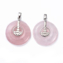 Розовый Кварц Природного розового кварца подвески, с латунной фурнитурой платинового цвета, пончик / пи диск с буддой, 35.5x30x8.5~9.5 мм, отверстие : 4.5x6.5 мм