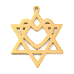 Настоящее золото 18K 304 подвески из нержавеющей стали, лазерная резка, Звезда Давида с сердечным очарованием, реальный 18 k позолоченный, 27x21.5x1 мм, отверстие : 1.5 мм