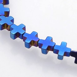 со Синим Покрытием Гальванизировать немагнитных синтетический гематит бисер пряди, крестик, с покрытием синим, 4x4x2 мм, отверстие : 0.5 мм, около 94 шт / нитка, 15.7 дюйм