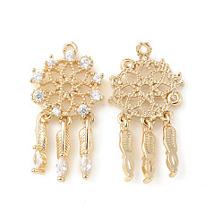 Light Gold Brass Micro Pave Cubic Zirconia Pendants, Woven Net/Web with Feather Charm, Light Gold, 27x14x3mm, Hole: 1.2mm