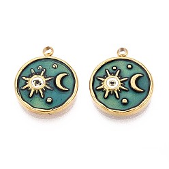 Темный Голубой 304 подвески из нержавеющей стали и эмали, круглая плоская подвеска с луной и солнцем, ионное покрытие (ip), реальный 18 k позолоченный, темные голубые, 15.5x13x2 мм, отверстие : 1.5 мм