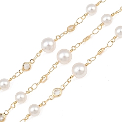 Creamy White Rack Plating Brass & Round ABS Imitation Pearl & Glass Beaded Link Chains, Soldered, Light Gold, Creamy White, 2000x8mm