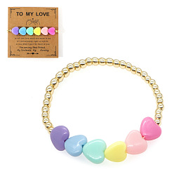 Золотой Круглые латунные эластичные браслеты с бусинами для пары, с акриловыми бусинами в форме сердца, с бумажным картоном, золотые, 6.89 дюйм (17.5 см)