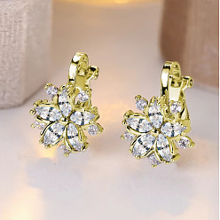 Clair Boucles d'oreilles à pince en laiton avec micro pavé de zircons cubiques, flocon de neige, or et de lumière, clair, 17.5x12mm