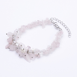 Rosenquarz Armbänder mit natürlichen Rosenquarzsplittern und mattierten runden Perlen, mit Klasse A  Perlen, facettierte Glasperlen und Messingfunde, Platin Farbe, 7-1/2 Zoll (190 mm)