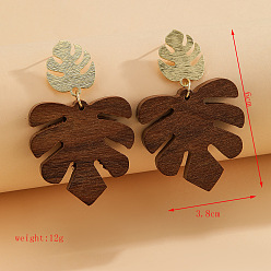 Leaf Alloy Wood Stud Dangle Earrings, Golden, Leaf, 60x38mm