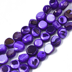 Сине-фиолетовый Натуральная оболочка из трохидных оболочек, окрашенные, плоско-круглые, синий фиолетовый, 5~9x1~6 мм, отверстие : 1 мм, около 49~50 шт / нитка, 15.16 дюйм ~ 15.87 дюйм (38.5 см ~ 40.3 см)